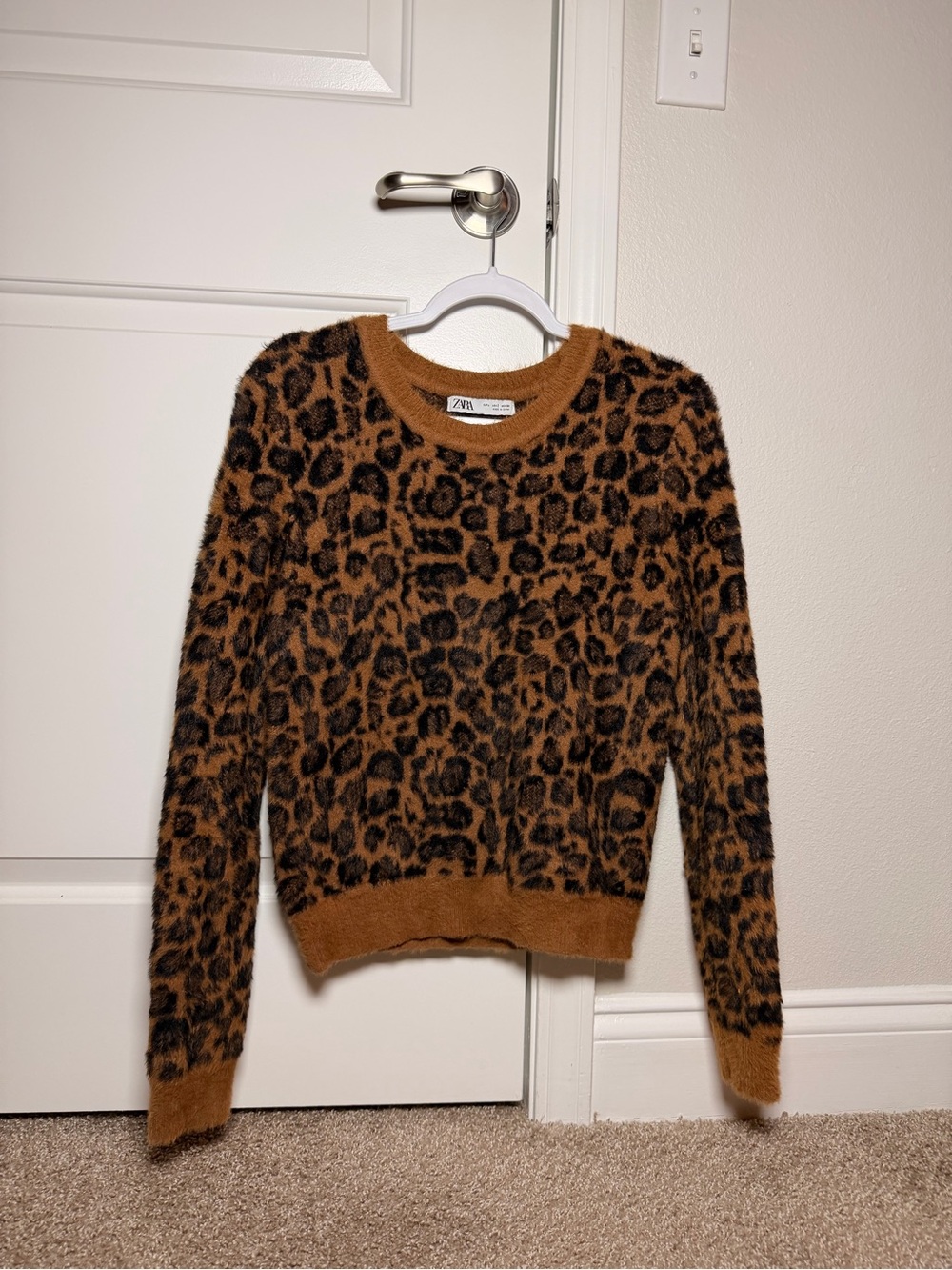 Zara Tan and Black Leopard-Print Fuzzy Crewneck Sweater